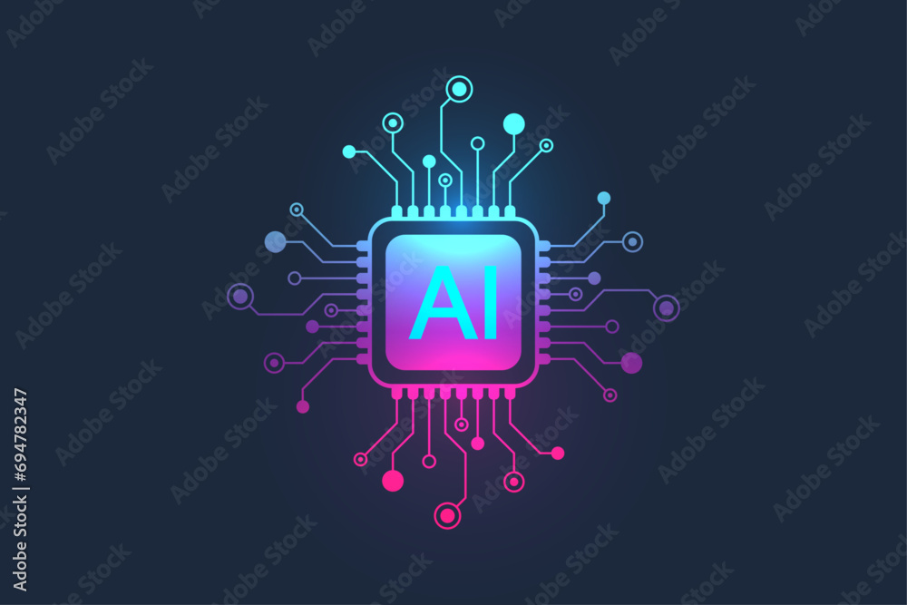 Poster artificial intelligence icon, sign, logo in the circuit line style. ai processor vector icon flat de