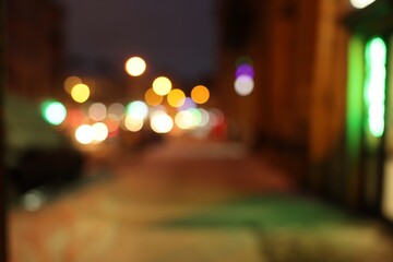 Blurred view of city street with snow