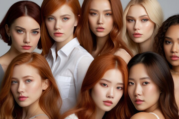 Close-up portrait of a beautiful attractive Multiethnic, multiracial different woman with natural beauty looking into the camera on a white background. Beauty, race, diversity concepts.