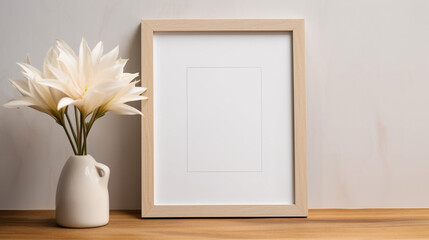 a Frame mockup in minimalist decorated interior background lily bouquet in a white vase