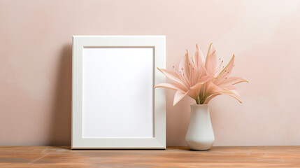 Fototapeta na wymiar A stylish and elegant mockup featuring a wooden frame with a delicate lily bouquet in a white vase