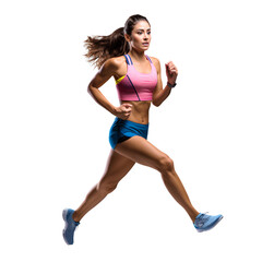 Fototapeta premium Woman professional running athlete in a running pose, isolated on transparent background, PNG, 300 DPI