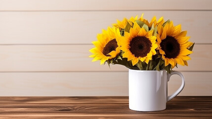 A stylish and modern white coffee mug mockup featuring a bouquet of three sunflowers on a wooden table