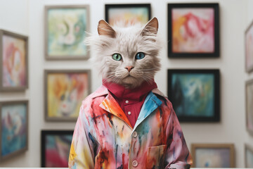 Portrait of a grey cat artist, in his art gallery against paintins background. Exhibition of paintings. Anthropomorphic cat artist. Art concept. - Powered by Adobe