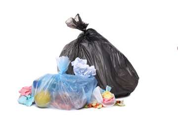 PNG, Garbage in black and blue trash bags, isolated on white background