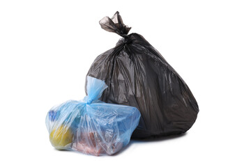 PNG, Garbage in black and blue trash bags, isolated on white background