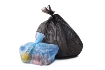 PNG, Garbage in black and blue trash bags, isolated on white background