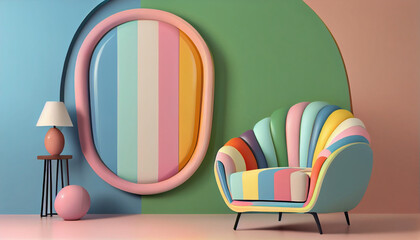 Abstract minimal concept. Pastel multi colour vibrant groovy retro striped background wall frame with bright armchair decor. Mock up template ai generated image