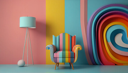 Abstract minimal concept. Pastel multi colour vibrant groovy retro striped background wall frame with bright armchair decor. Mock up template ai generated image - obrazy, fototapety, plakaty