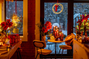 Fototapeta na wymiar Beautifully decorated table for a New Year's holidays at cozy home during festive evening
