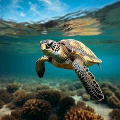 Big Sea Turtle Swimming with in ocean. Green Sea Turtle cruises in the warm waters of the Pacific Ocean