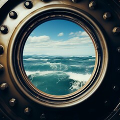 Porthole, look on the sea. Boat porthole. ship porthole or window with sea and horizon. Sea life. Sailors. Sailing. 