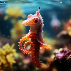 Seahorse - Hippocampus guttulatus. Wild animal. Beautiful Cute Sea horse. Underwater background.