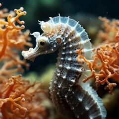 Seahorse - Hippocampus guttulatus. Wild animal. Beautiful Cute Sea horse. Underwater background.