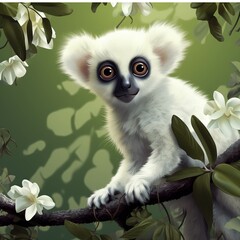 Vegetable seamless pattern with lemurs. Cute white lemur sitting on a tree branch in the tropical forest. design of fabric, paper, wallpaper, and notebook covers. Wildlife. 3d render