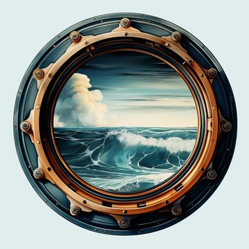 Porthole, look on the sea. Boat porthole. ship porthole or window with sea and horizon. Sea life. Sailors. Sailing. 