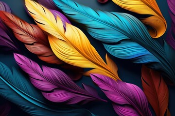 3d abstraction colorful feathers leave. Bright color seamless pattern peacock feathers background. Multicolor feather, Generative AI