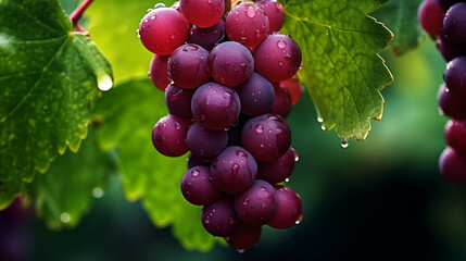 fresh raindrops on grapes plant, beautiful vineyard