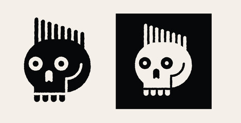 Punk skull icon with mohawk. Vector black and white illustration. - 694785540