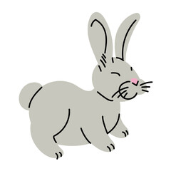 Vector cute funny fluffy rabbit. A cartoon rabbit character in a flat style. A pet highlighted on a white background. Cute, grey funny hare