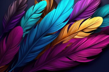 3d abstraction colorful feathers leave. Bright color seamless pattern peacock feathers background. Multicolor feather, Generative AI