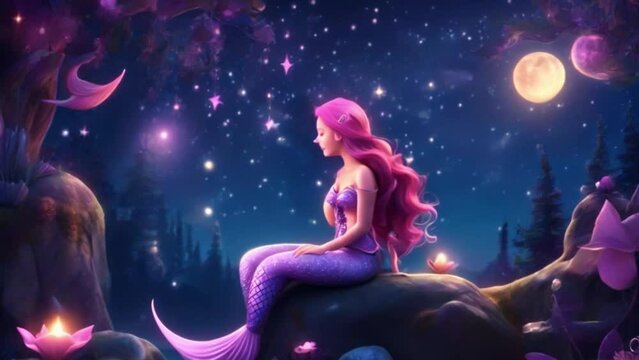 Lady Queen lullaby cartoon sleeping on moon, looped video background