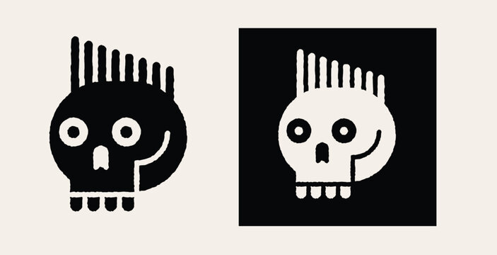 Punk skull icon with mohawk. Vector black and white illustration.