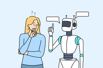 Robot helps woman, thinking about solving complex issue and turned to artificial intelligence for help. AI robot reports idea obtained thanks to work of neural networks in futuristic bot