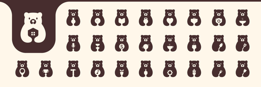 bear cute flat mascot minimal icon collection set logo design vector