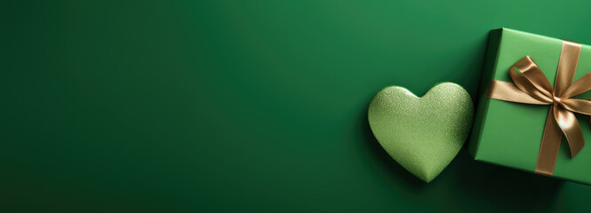 Green Gift box and festive red hearts on green background. Gift concept for Valentine Day, Wedding or Birthday, flat lay, top view