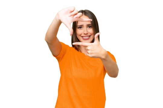 Young pretty caucasian woman over isolated background focusing face. Framing symbol