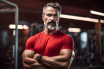 Muscular and fit handsome middle-aged fitness instructor or personal trainer, standing in the gym with crossed arms, looking at the camera. Strong, athletic male workout mentor or fitness coach