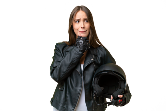 Young pretty caucasian woman with a motorcycle helmet over isolated background having doubts and thinking