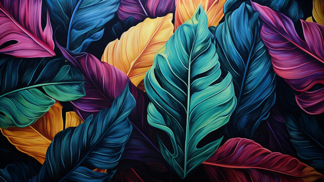 illustration of neon  leaves growing in tropical forest