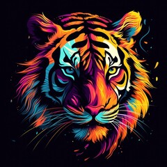 portrait of tiger head illustration abstract multicolor design logo on a black background, Generative AI