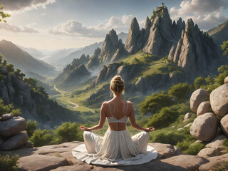 Meditation, landscape and woman sitting on mountain top for mindfulness and relax spirituality