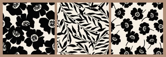 Schilderijen op glas Set of flower seamless background. Minimalistic abstract floral pattern. Modern print in black and white background. Ideal for textile design, wallpaper, covers, cards, invitations and posters. © Udomdech
