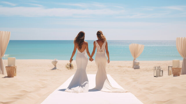 two brides holding hands on the wedding ceremony on white sand beach by the ocean, Tropical wedding. Back view
