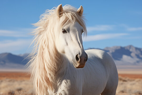 Close up portrait of a butiful white horse made in natural habitat conditions on a plain hiils background. Banner, poster, postcard, wallpaper