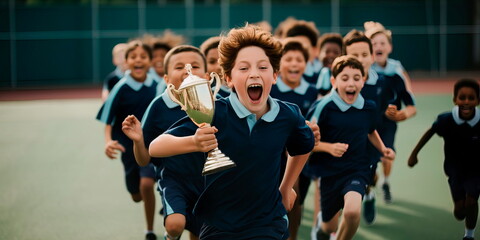 Excited students running with a trophy in their hands, joy of victory . Generative Ai