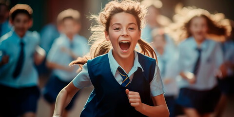 Excited students running with a trophy in their hands, joy of victory . Generative Ai