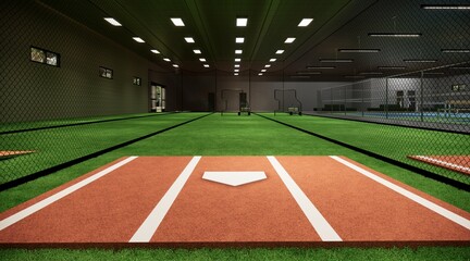 Indoor Batting Cages For Baseball & Softball 3d rendering illustration - obrazy, fototapety, plakaty