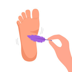 Feather foot tickle in flat design on white background. - obrazy, fototapety, plakaty
