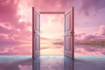 Fotobehang open door stand by pink lake nature landscape mystic dream © krissikunterbunt