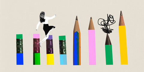 Young woman, employee stepping on pencils, moving forward to professional success, growth. Ambitions. Contemporary art collage. Concept of business, office, professional occupation, achievement