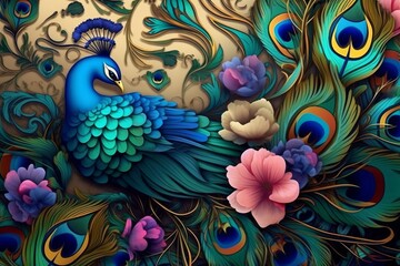 Abstract Seamless Pattern Elegant Leather Base Peacock Feather, Butterflies with Bright Color Floral and Flowers on a Wall, Generative AI