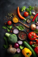 vegetables and spices on dark background ,top view with copy space