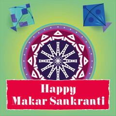 Skyward Soar: Makar Sankranti Kites Mandala Vector Art, Immerse in the spirit of Makar Sankranti with vibrant vector, colorful kites, and a circular mandala pattern against a gradient background.
