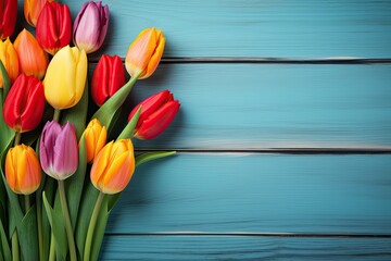 colorful tulips on wooden table copy space