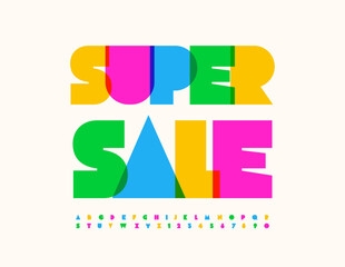 Vector colorful advertisement Super Sale. Modern Creative Font. Bright Alphabet Letters and Numbers.